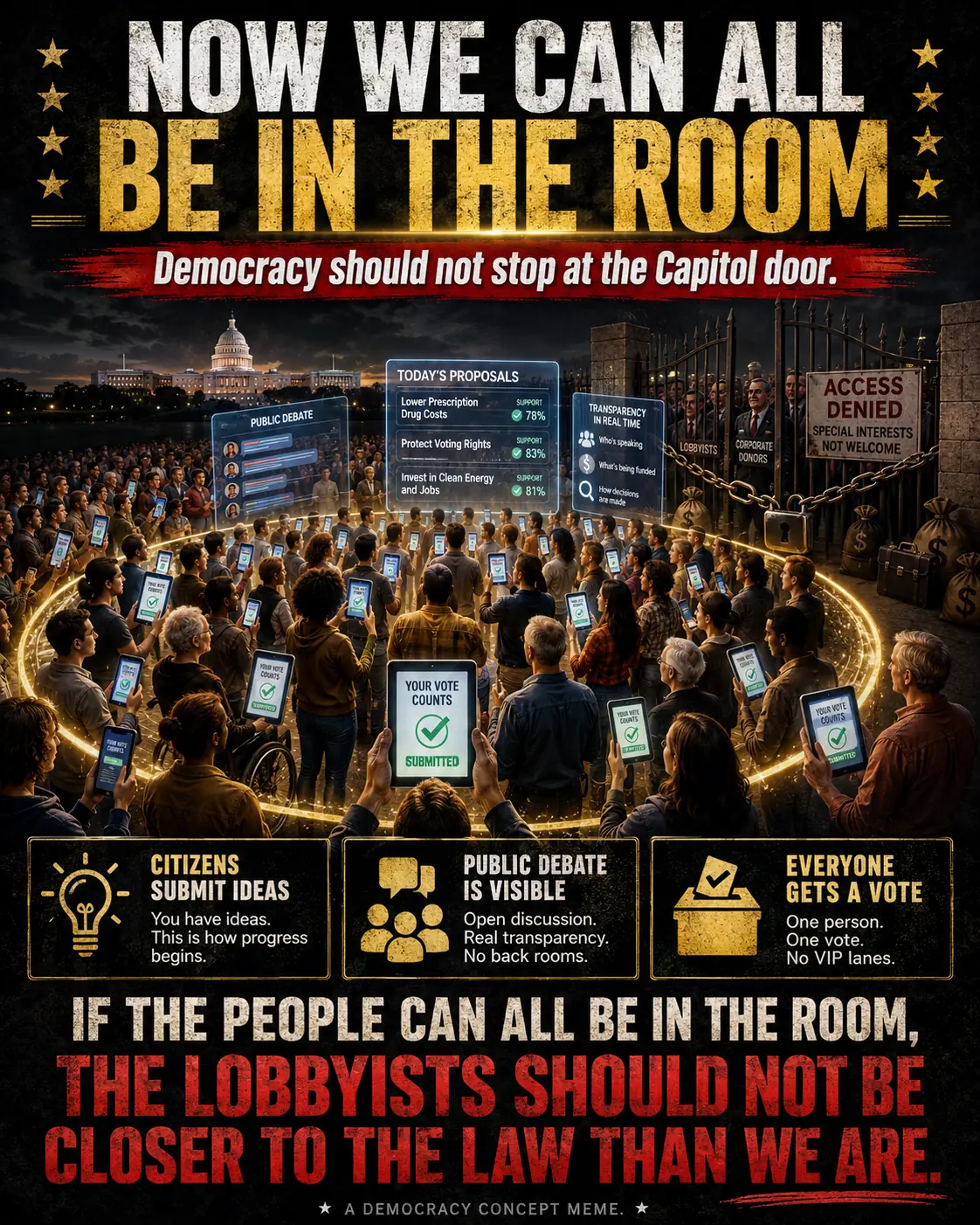 Now we can all be in the room. Citizens submit ideas, public debate is visible, and everyone gets a vote.